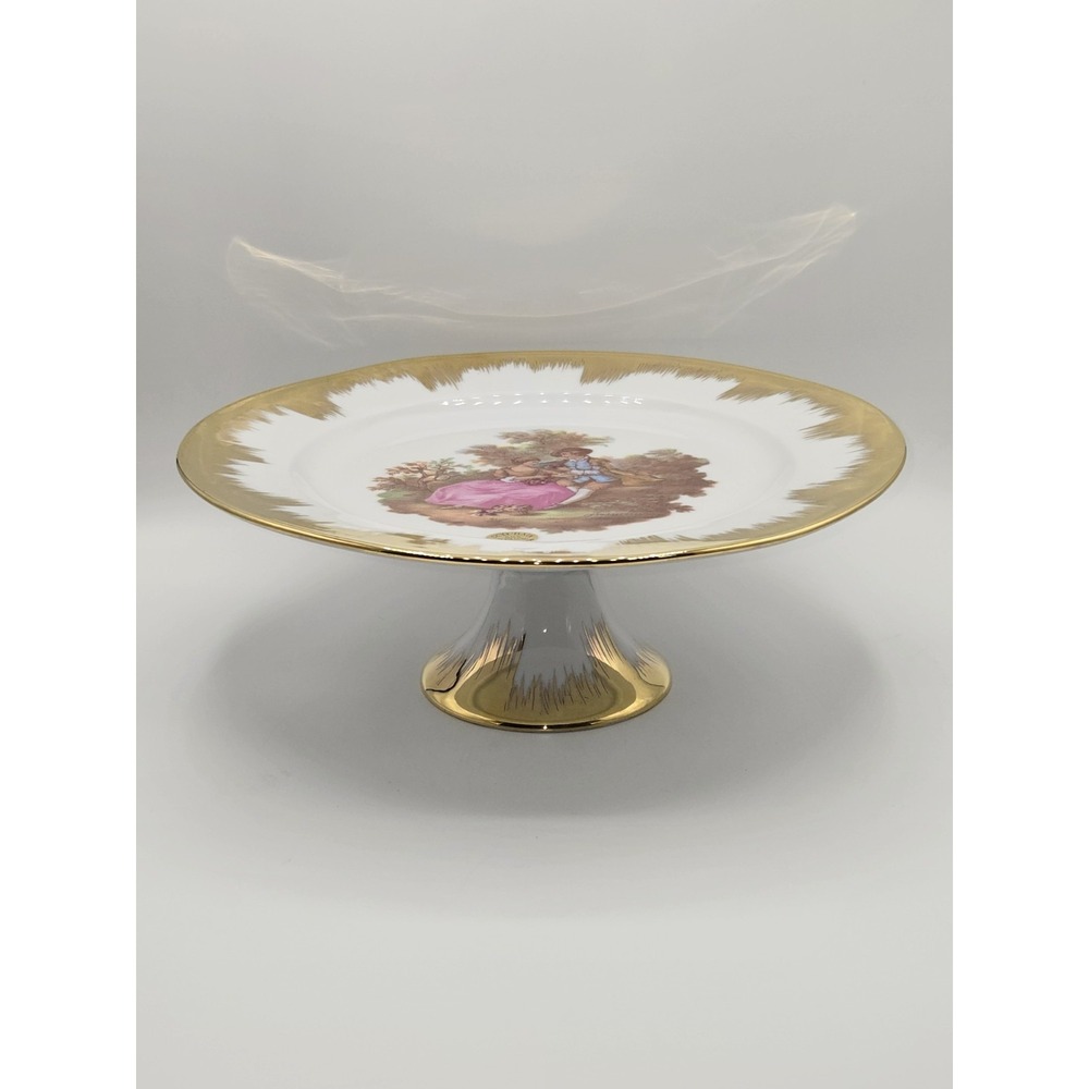 Limoges Porcelain Pedestal Cake Stand 12" Gold Gilt Fragonard Courting Scene‎